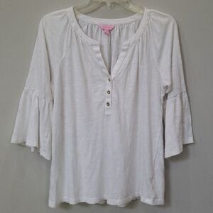 Lilly Pulitzer Shirt Womens sz Small White Cotton V neck Bell Sleeve Top